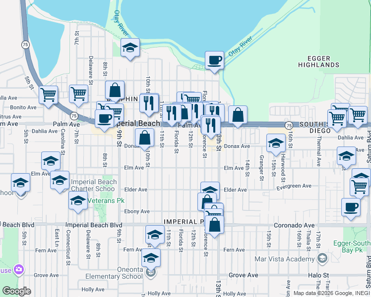 map of restaurants, bars, coffee shops, grocery stores, and more near 847 12th Street in Imperial Beach