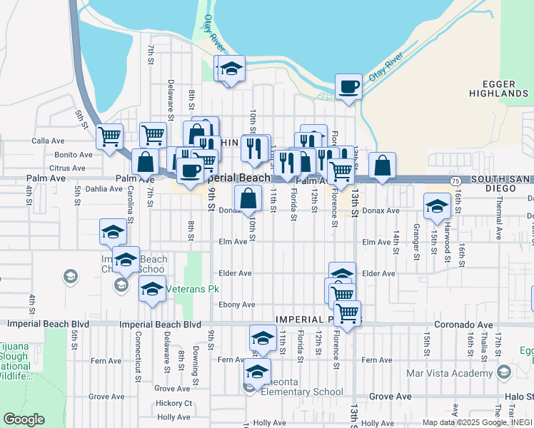 map of restaurants, bars, coffee shops, grocery stores, and more near 838 11th Street in Imperial Beach