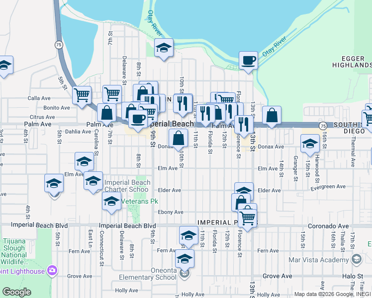 map of restaurants, bars, coffee shops, grocery stores, and more near 11TH Boulevard Avenue in Imperial Beach