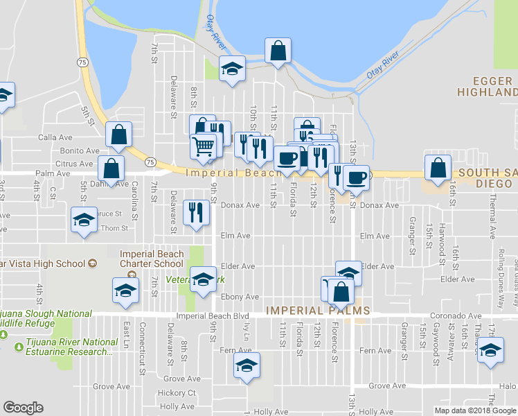 map of restaurants, bars, coffee shops, grocery stores, and more near 838 11th Street in Imperial Beach