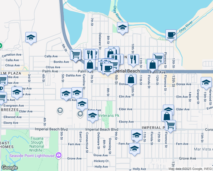 map of restaurants, bars, coffee shops, grocery stores, and more near 851 8th Street in Imperial Beach
