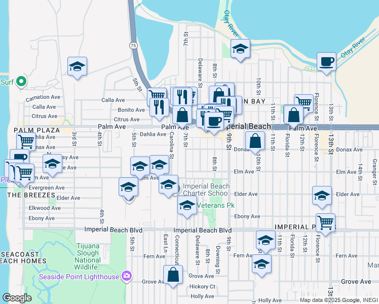 map of restaurants, bars, coffee shops, grocery stores, and more near 840 Delaware Street in Imperial Beach