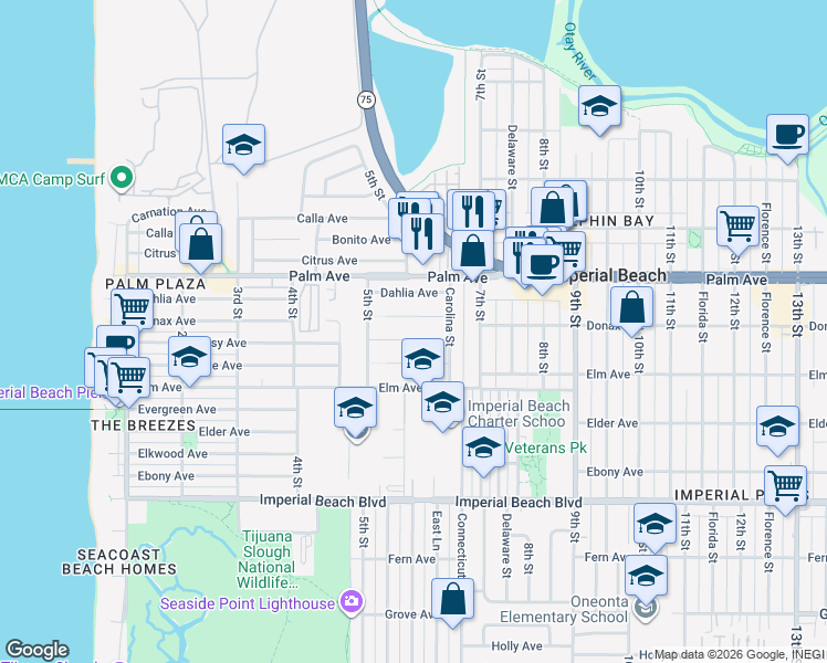 map of restaurants, bars, coffee shops, grocery stores, and more near 633 Spruce Avenue in Imperial Beach