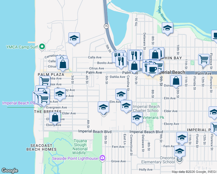 map of restaurants, bars, coffee shops, grocery stores, and more near 541 Spruce Avenue in Imperial Beach