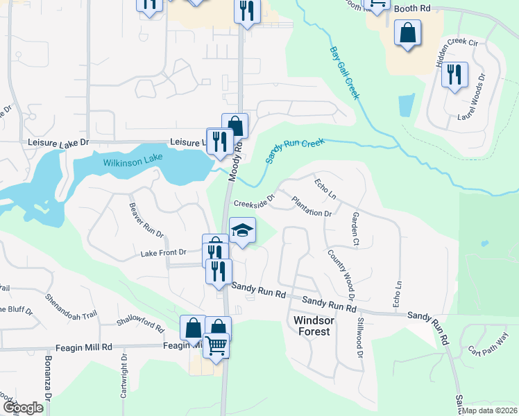 map of restaurants, bars, coffee shops, grocery stores, and more near 192 Creekside Drive in Warner Robins