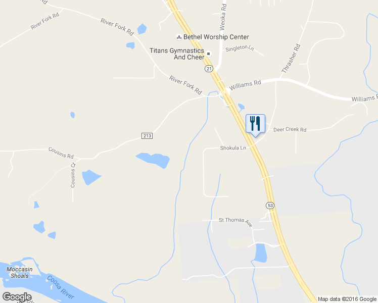 map of restaurants, bars, coffee shops, grocery stores, and more near 250 Shokula Lane in Wetumpka