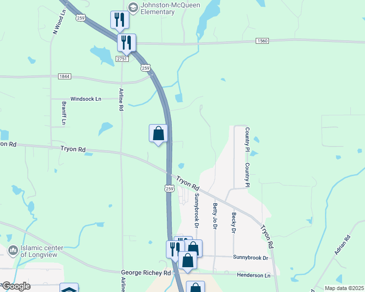 map of restaurants, bars, coffee shops, grocery stores, and more near 5068 U.S. 259 in Longview