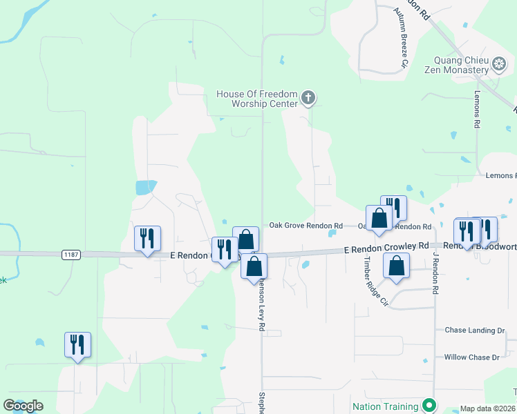 map of restaurants, bars, coffee shops, grocery stores, and more near 4624 Oak Grove Rendon Road in Burleson