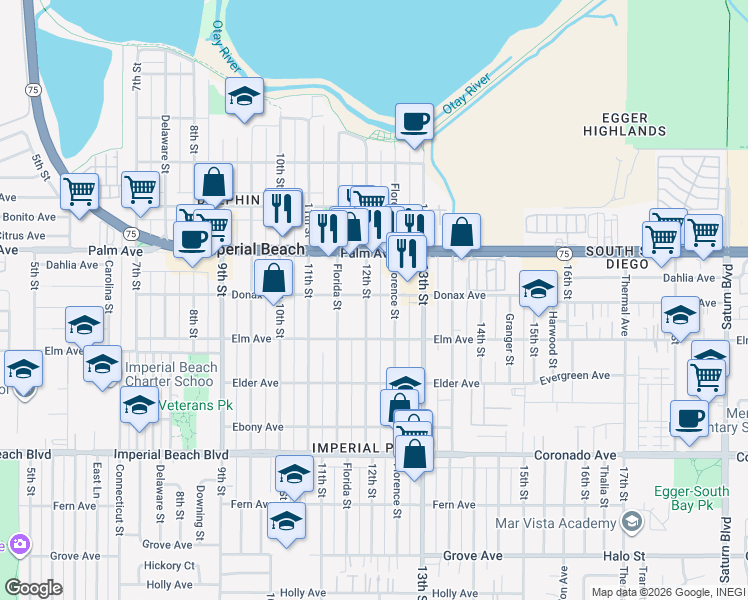 map of restaurants, bars, coffee shops, grocery stores, and more near 1213 Donax Avenue in Imperial Beach