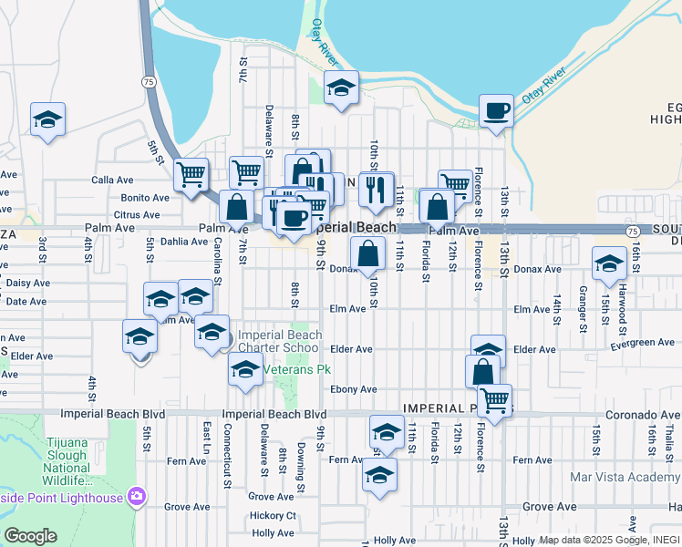 map of restaurants, bars, coffee shops, grocery stores, and more near 800 Emory Street in Imperial Beach