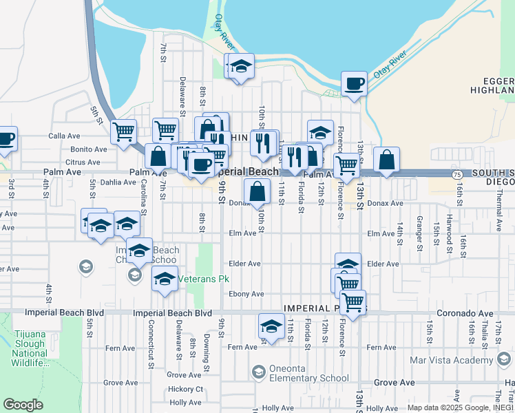 map of restaurants, bars, coffee shops, grocery stores, and more near 983 Donax Avenue in Imperial Beach