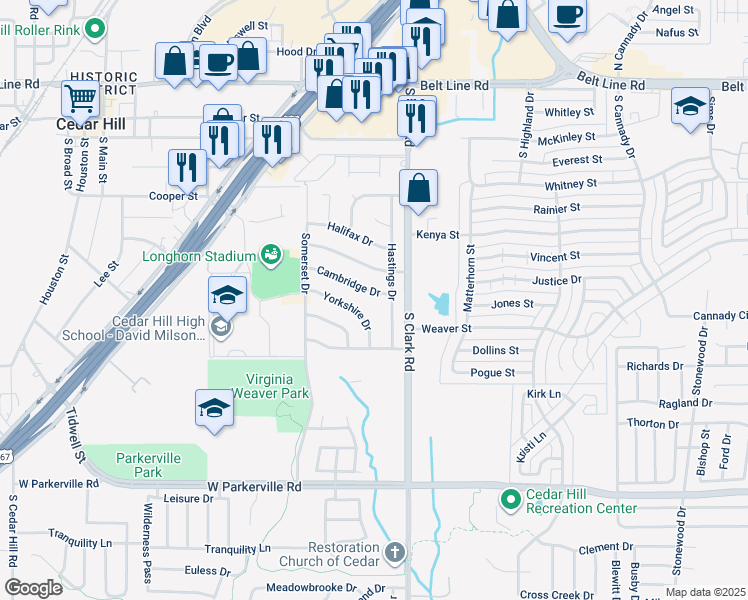 map of restaurants, bars, coffee shops, grocery stores, and more near 414 Hastings Drive in Cedar Hill