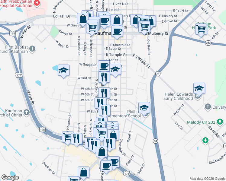 map of restaurants, bars, coffee shops, grocery stores, and more near 206 East 5th Street in Kaufman