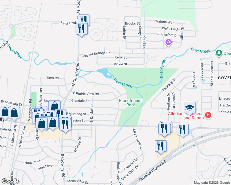 map of restaurants, bars, coffee shops, grocery stores, and more near 224 North Prairie View Road in Crowley