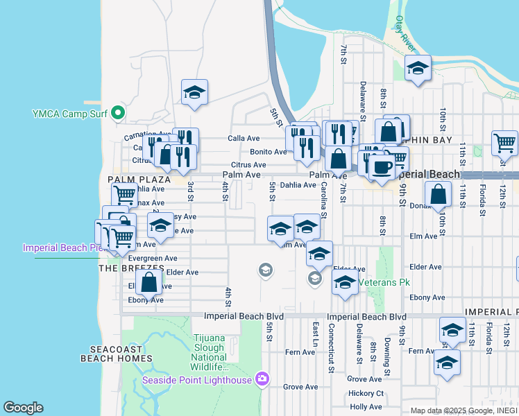 map of restaurants, bars, coffee shops, grocery stores, and more near 811 Corvina Street in Imperial Beach