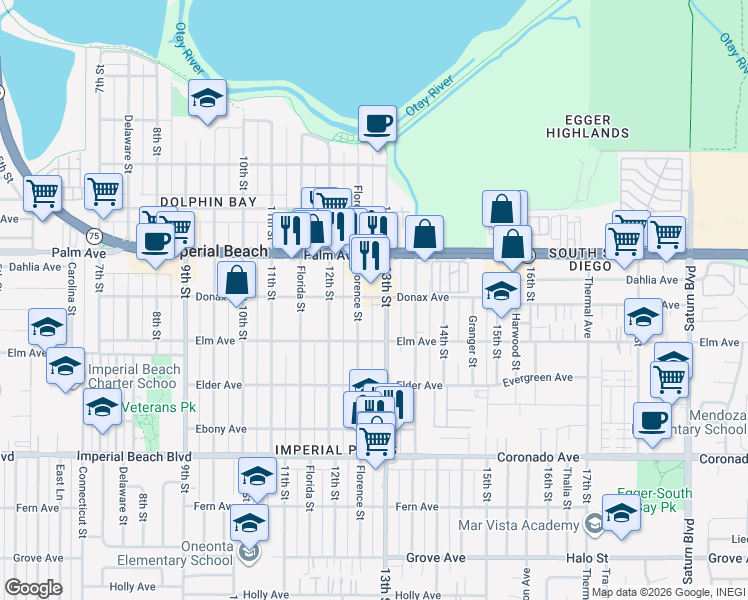 map of restaurants, bars, coffee shops, grocery stores, and more near 1285 Donax Avenue in Imperial Beach