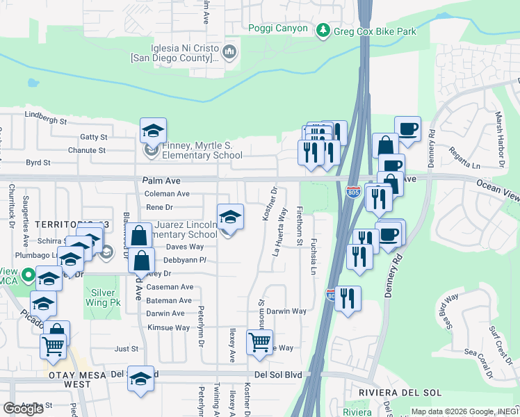 map of restaurants, bars, coffee shops, grocery stores, and more near 844 Kostner Drive in San Diego