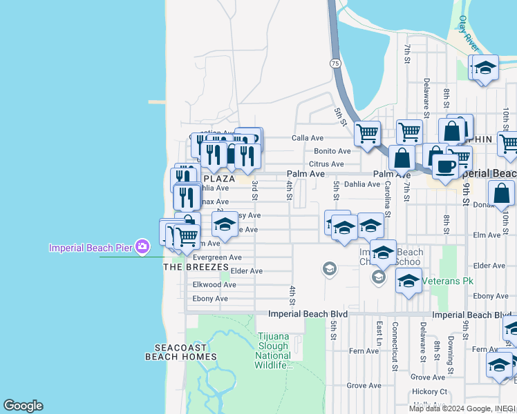 map of restaurants, bars, coffee shops, grocery stores, and more near 804 3rd Street in Imperial Beach