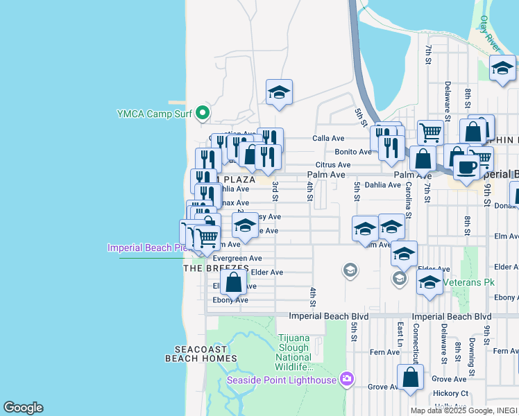 map of restaurants, bars, coffee shops, grocery stores, and more near 221 Daisy Avenue in Imperial Beach