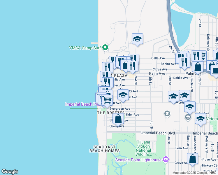 map of restaurants, bars, coffee shops, grocery stores, and more near 800 Seacoast Drive in Imperial Beach