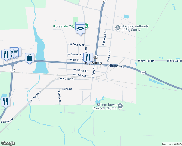 map of restaurants, bars, coffee shops, grocery stores, and more near 100 East Cotton Street in Big Sandy