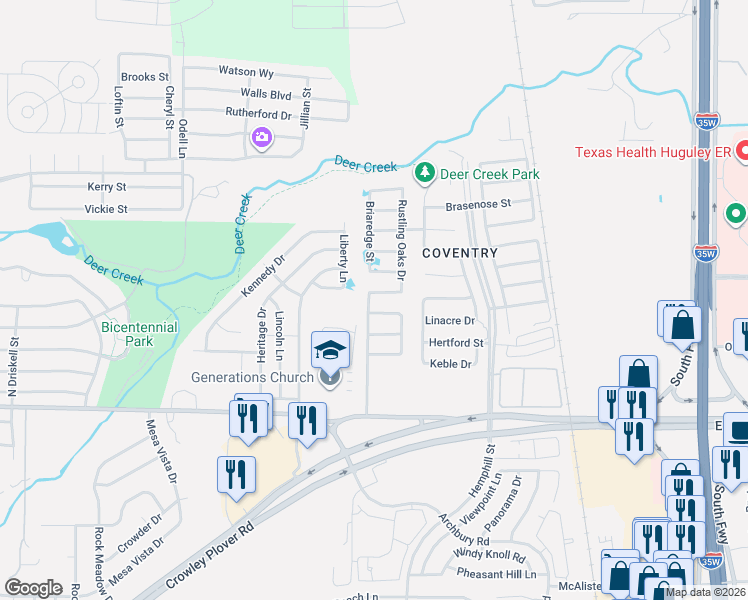 map of restaurants, bars, coffee shops, grocery stores, and more near 825 Forest Heights Drive in Crowley