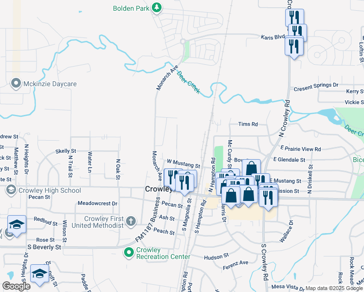 map of restaurants, bars, coffee shops, grocery stores, and more near 400 North Tarrant Street in Crowley