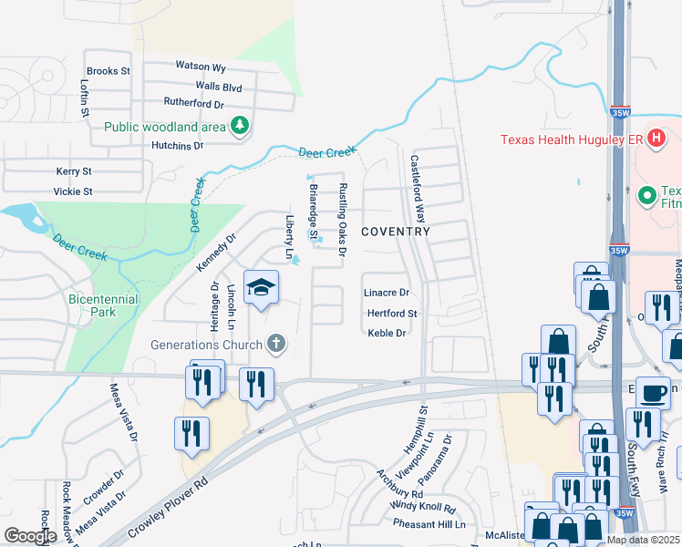 map of restaurants, bars, coffee shops, grocery stores, and more near 12005 Worthwood Street in Crowley