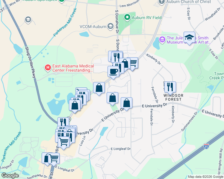 map of restaurants, bars, coffee shops, grocery stores, and more near 1131 South College Street in Auburn