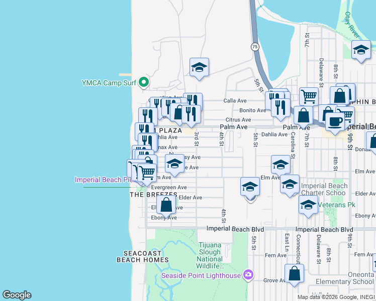 map of restaurants, bars, coffee shops, grocery stores, and more near 804 3rd Street in Imperial Beach