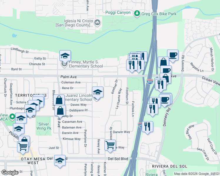 map of restaurants, bars, coffee shops, grocery stores, and more near 4205 Rene Drive in San Diego