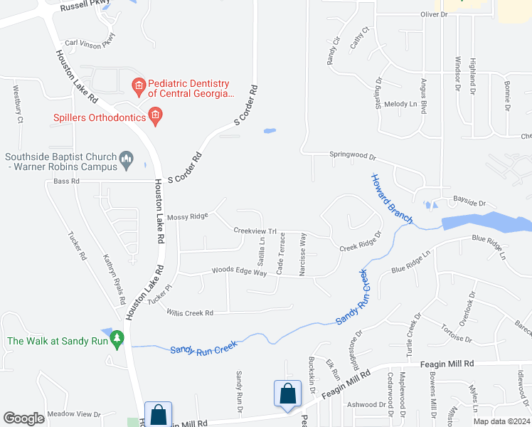 map of restaurants, bars, coffee shops, grocery stores, and more near 94 Satilla Lane in Warner Robins