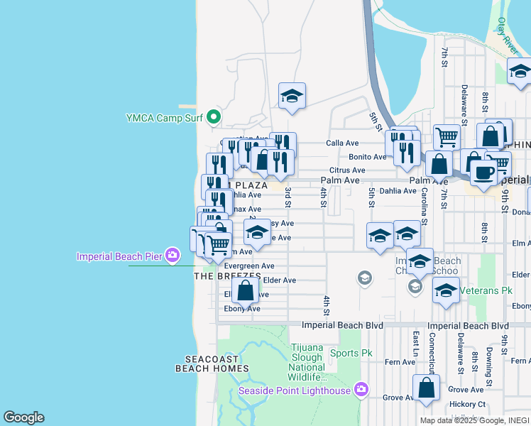 map of restaurants, bars, coffee shops, grocery stores, and more near 221 Donax Avenue in Imperial Beach
