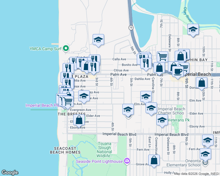 map of restaurants, bars, coffee shops, grocery stores, and more near 369 Daisy Avenue in Imperial Beach