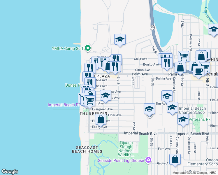 map of restaurants, bars, coffee shops, grocery stores, and more near 221 Donax Avenue in Imperial Beach