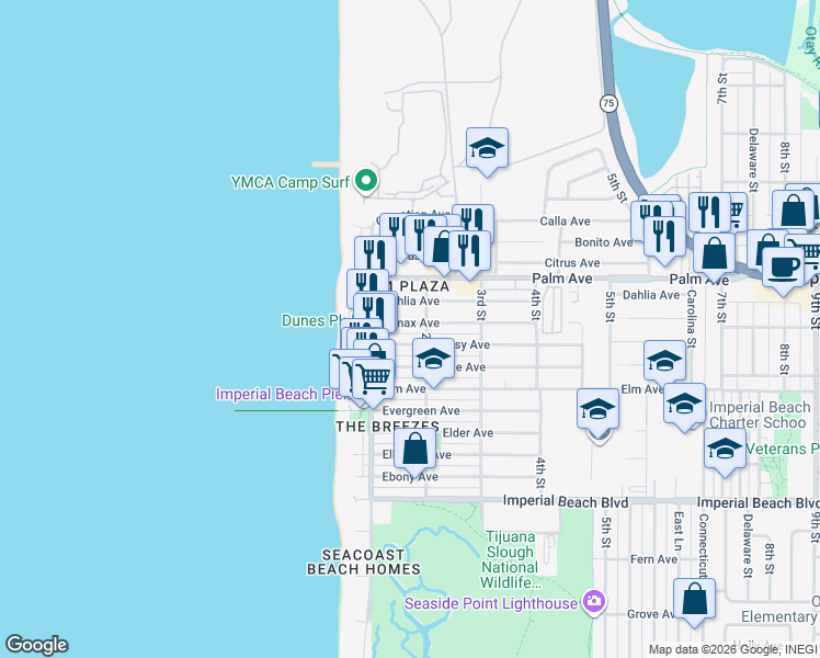 map of restaurants, bars, coffee shops, grocery stores, and more near 169 Donax Avenue in Imperial Beach