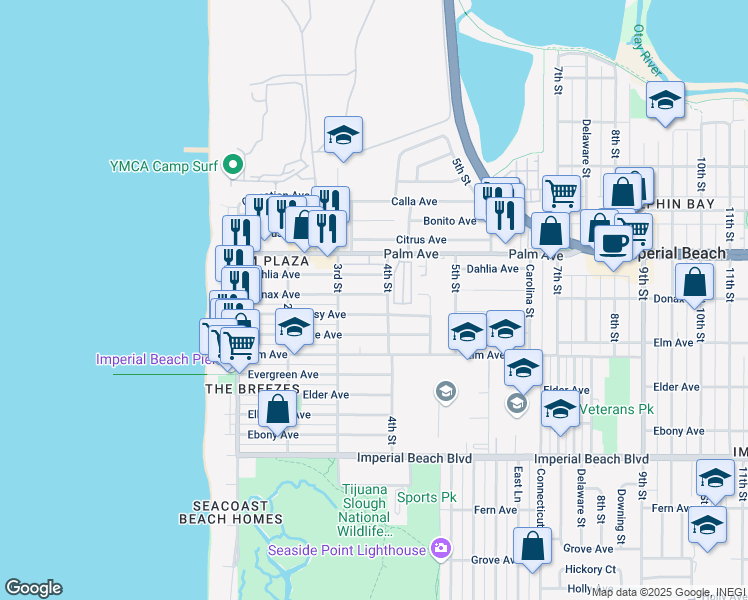 map of restaurants, bars, coffee shops, grocery stores, and more near 339 Dahlia Avenue in Imperial Beach