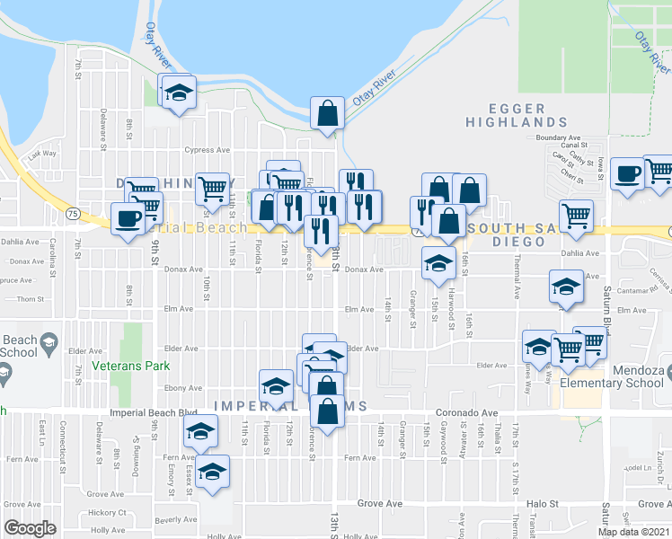 map of restaurants, bars, coffee shops, grocery stores, and more near 13th Street & Donax Avenue in Imperial Beach