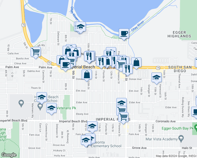 map of restaurants, bars, coffee shops, grocery stores, and more near 1104 Donax Avenue in Imperial Beach