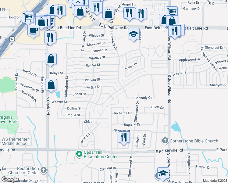 map of restaurants, bars, coffee shops, grocery stores, and more near 512 Justice Drive in Cedar Hill