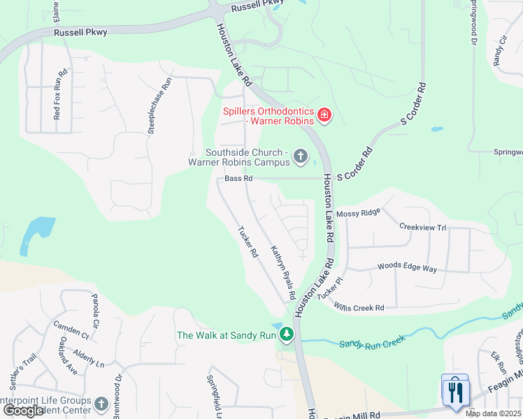 map of restaurants, bars, coffee shops, grocery stores, and more near 1106 Kathryn Ryals Road in Warner Robins
