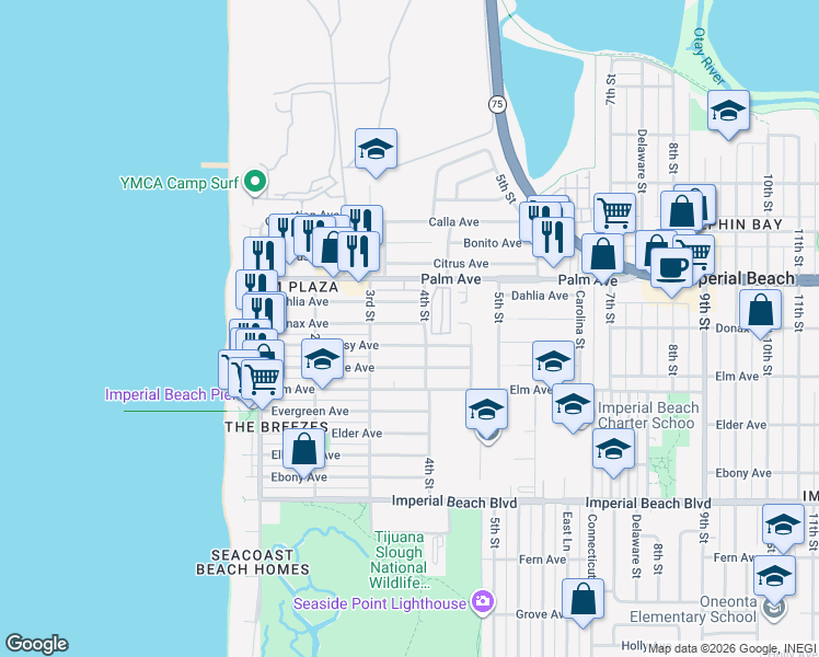 map of restaurants, bars, coffee shops, grocery stores, and more near 339 Dahlia Avenue in Imperial Beach