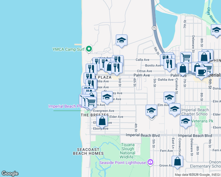 map of restaurants, bars, coffee shops, grocery stores, and more near 231 Dahlia Avenue in Imperial Beach