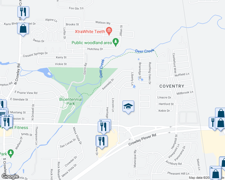 map of restaurants, bars, coffee shops, grocery stores, and more near 244 Lincoln Lane in Crowley