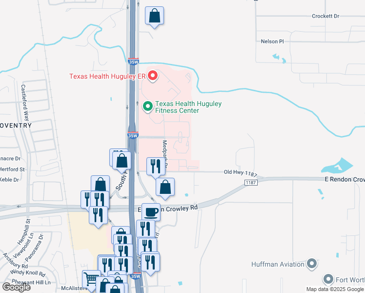 map of restaurants, bars, coffee shops, grocery stores, and more near 300 Huguley Boulevard in Burleson