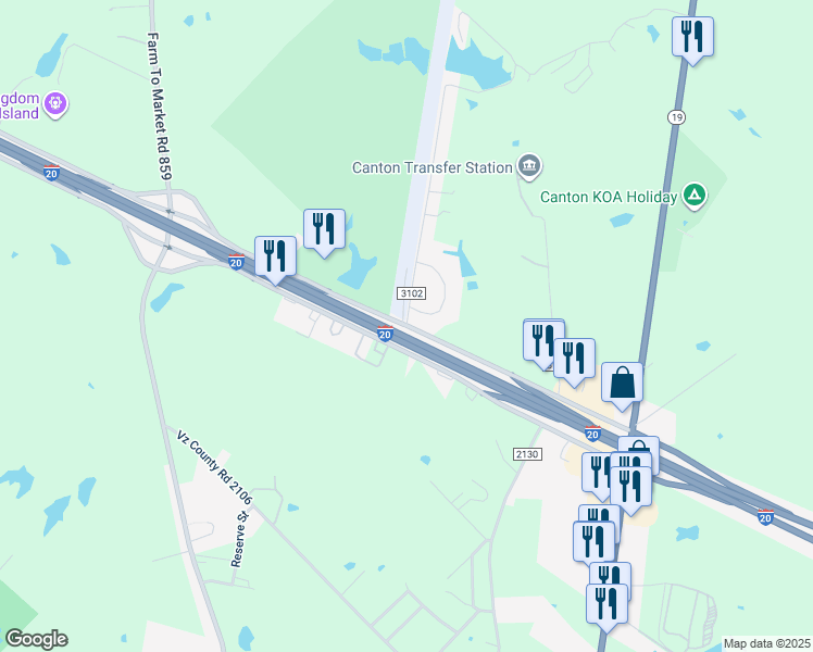 map of restaurants, bars, coffee shops, grocery stores, and more near 17770 Interstate 20 Frontage Road in Canton