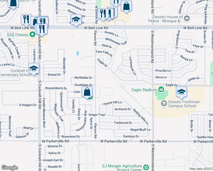 map of restaurants, bars, coffee shops, grocery stores, and more near 300 South Elerson Road in DeSoto