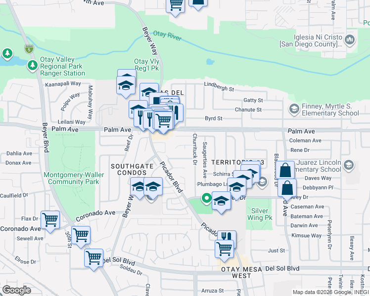 map of restaurants, bars, coffee shops, grocery stores, and more near 3489 Alonquin Way in San Diego