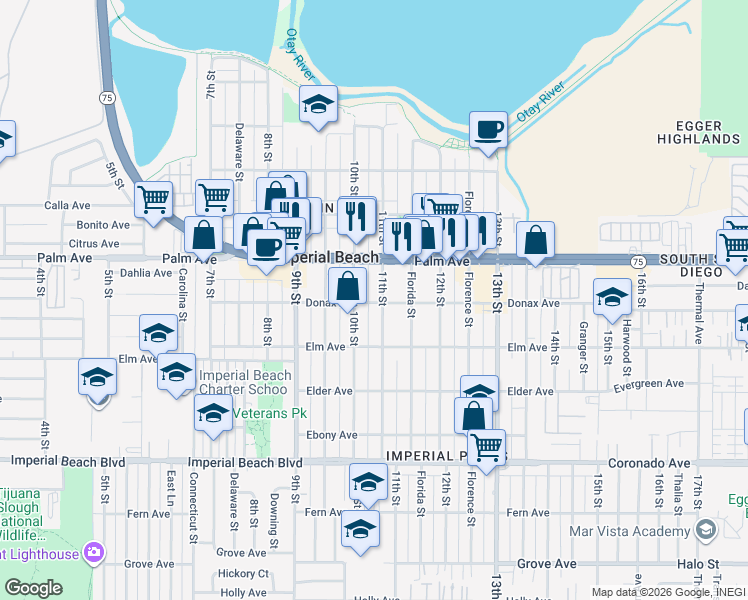 map of restaurants, bars, coffee shops, grocery stores, and more near 750 11th Street in Imperial Beach