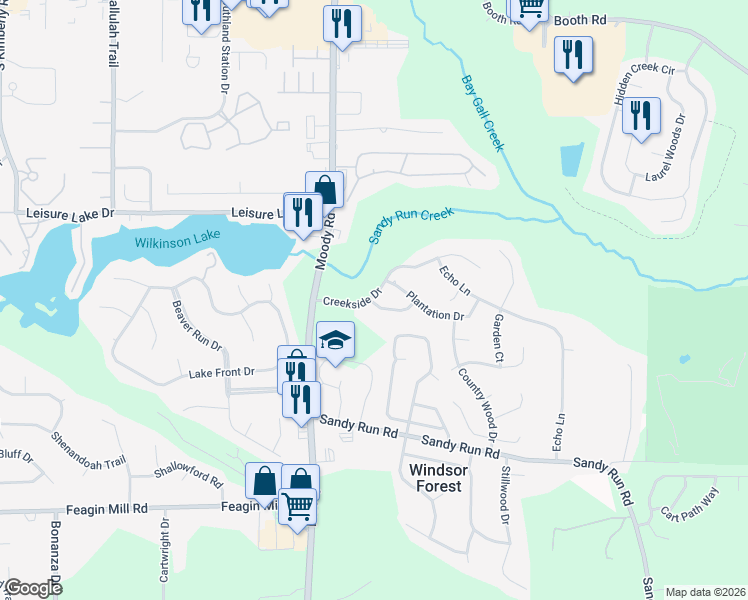 map of restaurants, bars, coffee shops, grocery stores, and more near 208 Creekside Drive in Warner Robins